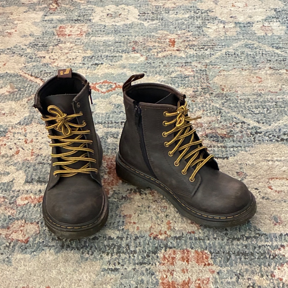 Dr. Martens Boots Kids 2 Brown Leather Lace Up Side Zip Combat 1460J